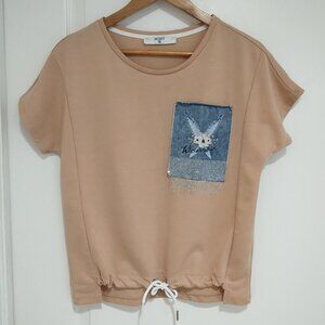 VTG Signet Short Slv Embellished Denim Pocket Tie Front Shirt S Cotton Grandma